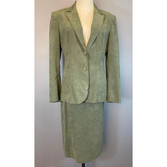 Vtg 80s Sage Green Ultra Suede 2 Pc Skirt Suit Blazer Adolph Schuman Lilli Ann - Picture 6 of 10